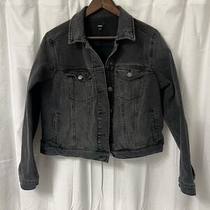 Express Women's Medium Wash Black Denim Cropped Jacket Size XL